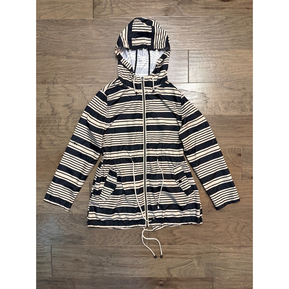 Parka In A Pocket Rain Jacket Womens Medium Black Striped Packable Windbreaker
